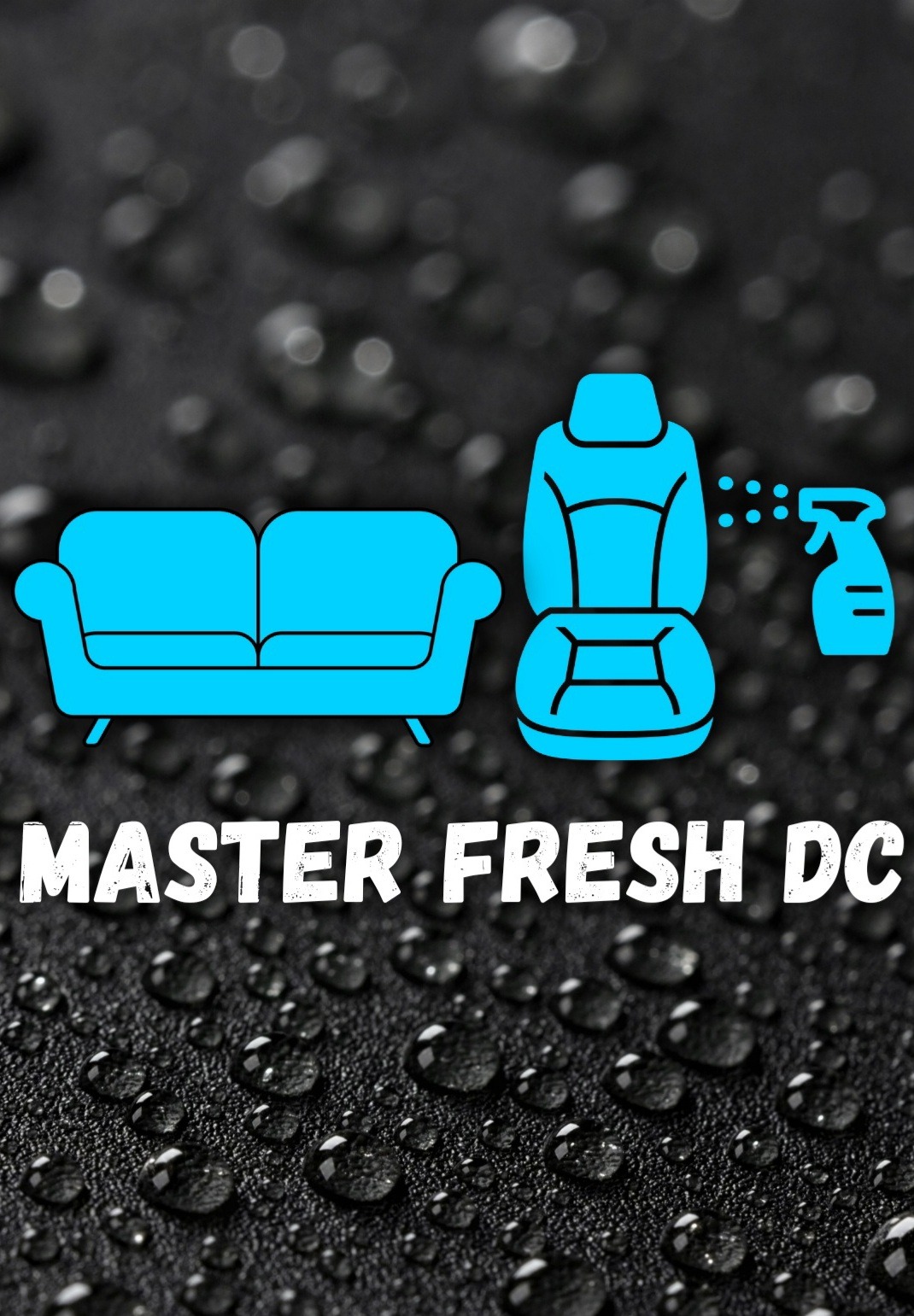 Grafika z ikoną sofy, fotela samochodowego i rozpylacza na tle z kroplami wody. Promocja usług odświeżania tapicerki.