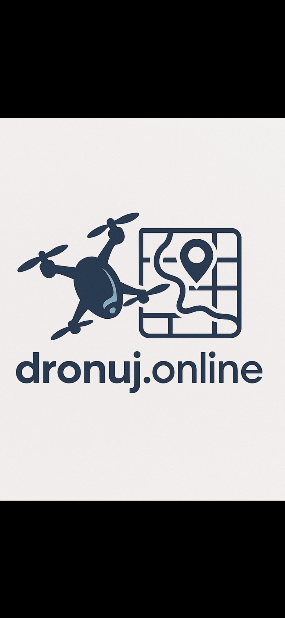 Grafika: granatowy dron obok mapy z pinezką i napisem 'dronuj.online' na kremowym tle. Logotyp firmy zajmującej się usługami dronami.