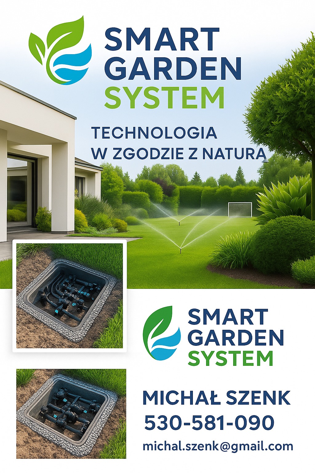 Ilustracja systemu nawadniania Smart Garden System: zraszacze na trawniku, studzienka z zaworami i logo firmy z danymi kontaktowymi.