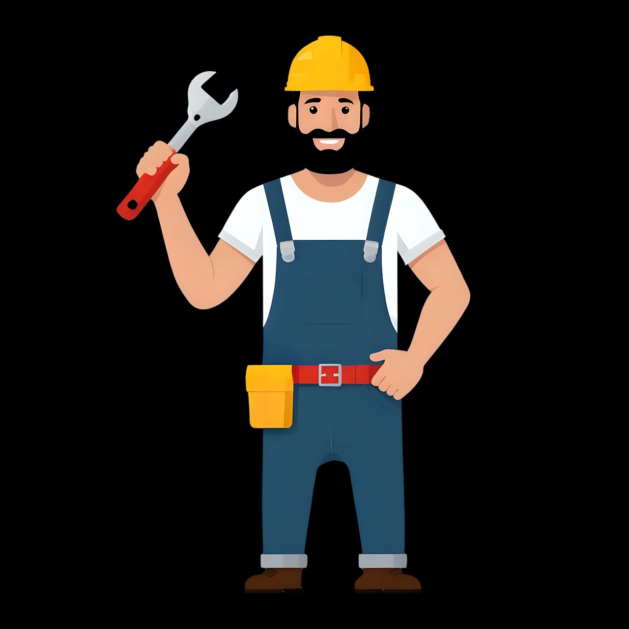 Ilustracja hydraulika w kasku, kombinezonie i z kluczem nastawnym w dłoni. Postać na czarnym tle, wizualizacja graficzna.