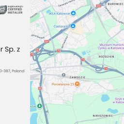 GREEN LEAF POWER SPÓŁKA Z OGRANICZONĄ ODPOWIEDZIALNOŚCIĄ - Mapa Katowic z pinezką wskazującą lokalizację Green Leaf Power Sp. z o.o. Widoczne logo firmy i certyfikat instalatora. Mapa zawiera nazwy ulic i punktów orientacyjnych.