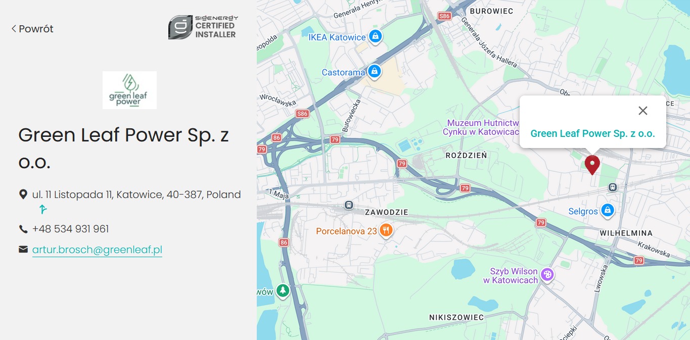 Mapa Katowic z pinezką wskazującą lokalizację Green Leaf Power Sp. z o.o. Widoczne logo firmy i certyfikat instalatora. Mapa zawiera nazwy ulic i punktów orientacyjnych.