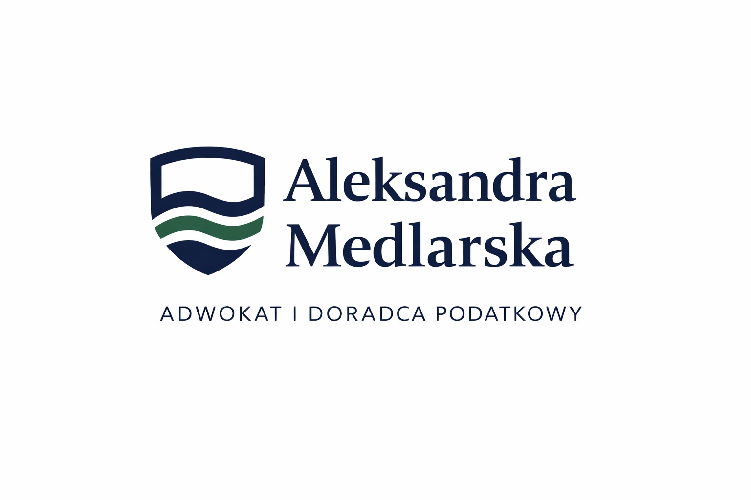 Logo kancelarii Aleksandry Medlarskiej, adwokata i doradcy podatkowego. Granatowo-zielony herb z falami, obok nazwa i stanowisko na białym tle.