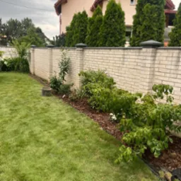 Ogród po pielęgnacji: zielony trawnik, rabata z krzewami i korą, ceglany mur z tujami w tle, dom z czerwoną dachówką. Widok na zadbany teren.