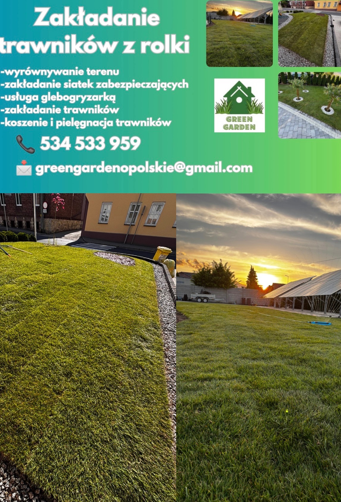 Układanie trawnika z rolki. Zbliżenie na świeżo ułożoną trawę, widoczne obrzeża i fragment budynku w tle. Dodatkowo zraszacz na trawniku w promieniach zachodzącego słońca.