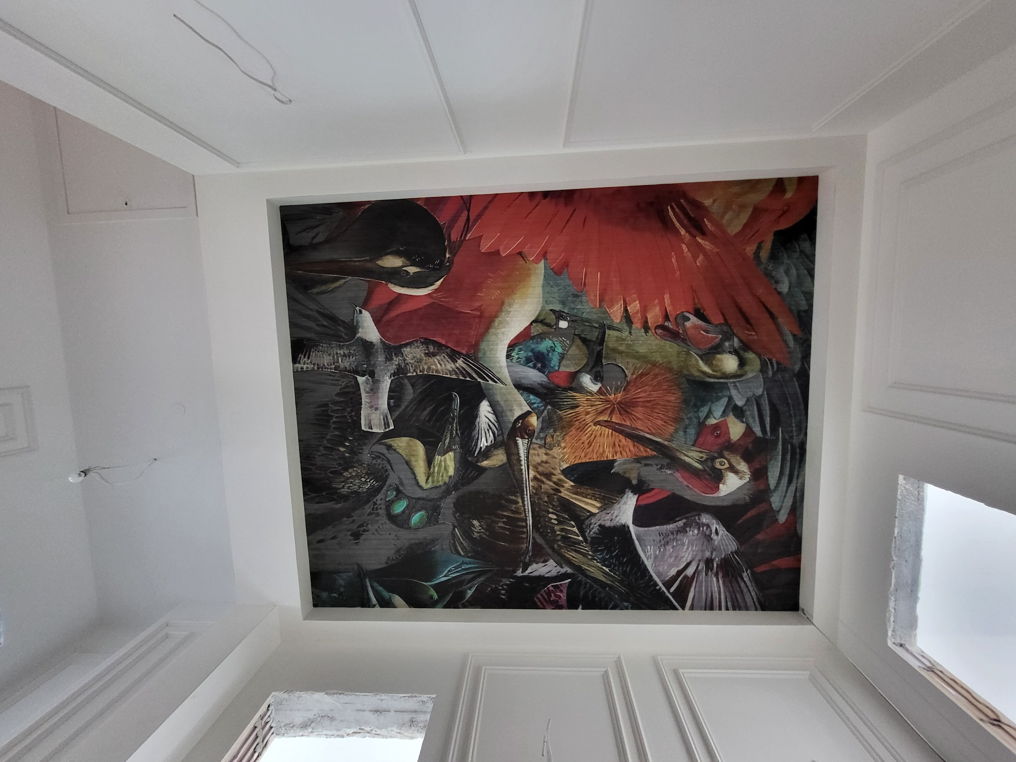 Wzorzysta tapeta z motywem ptaków na suficie w białym pomieszczeniu z dekoracyjnymi listwami przysufitowymi. Widok z dołu.