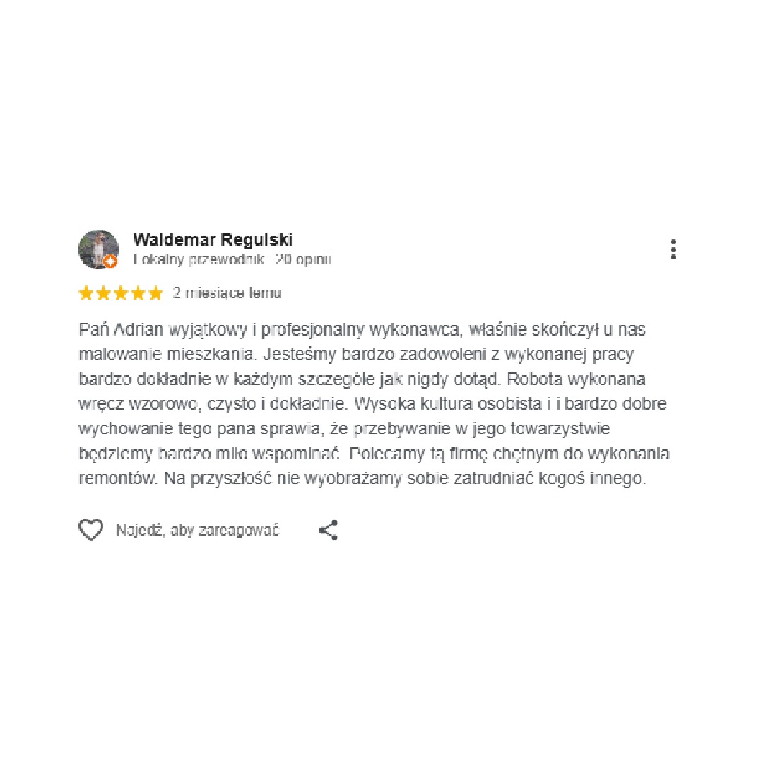 Pozytywna opinia klienta o malowaniu mieszkania, podkreślająca dokładność i profesjonalizm wykonawcy. Polecenie firmy remontowej.