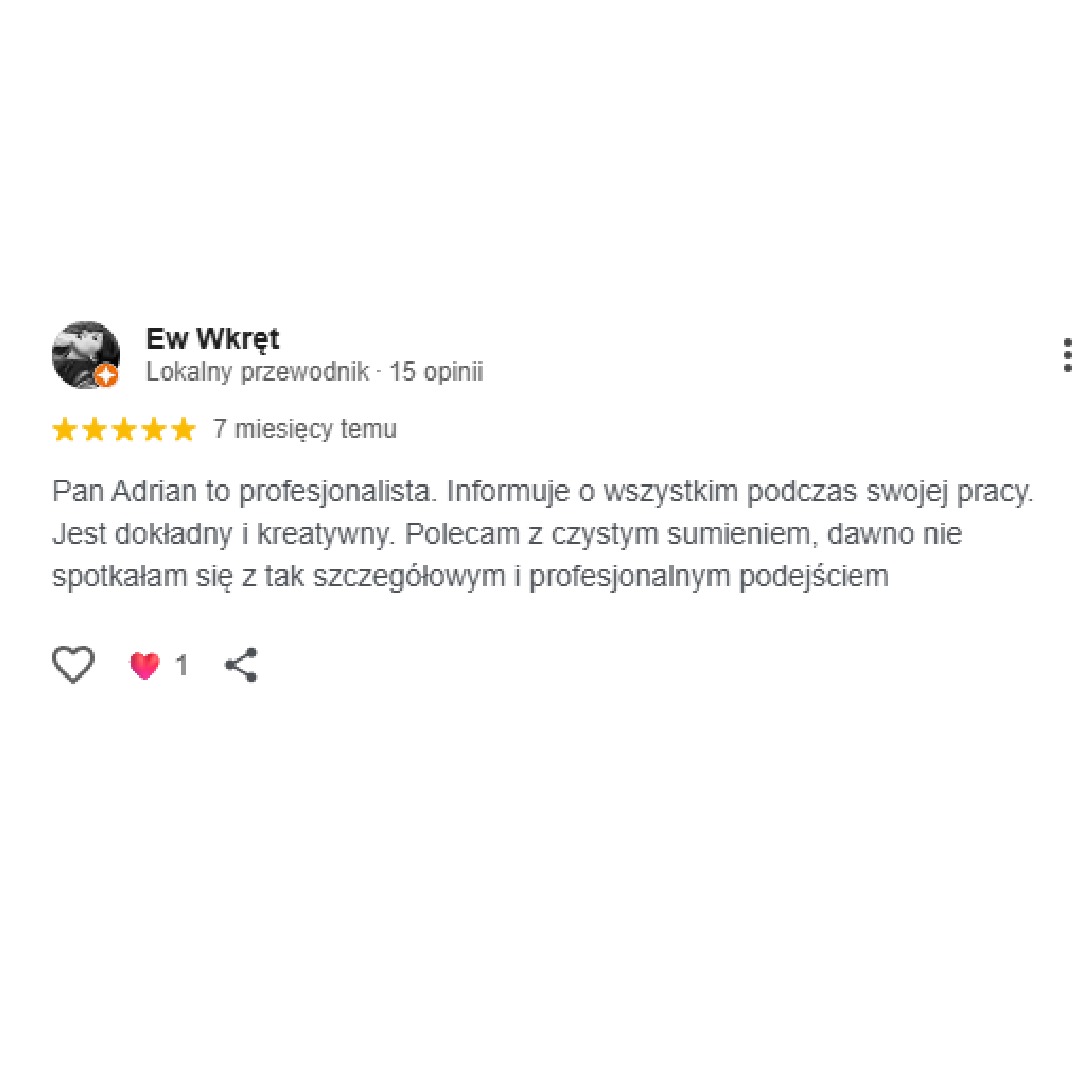 Pozytywna opinia klienta 'Ew Wkręt' o Panu Adrianie, lokalnym przewodniku, za profesjonalizm, dokładność i kreatywność. Ocena 5 gwiazdek, dodana 7 miesięcy temu.