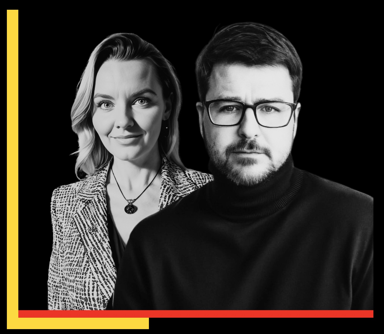Portret biznesowy: kobieta w żakiecie w pepitkę i mężczyzna w golfie na czarnym tle z żółto-czerwonym akcentem graficznym w rogu.