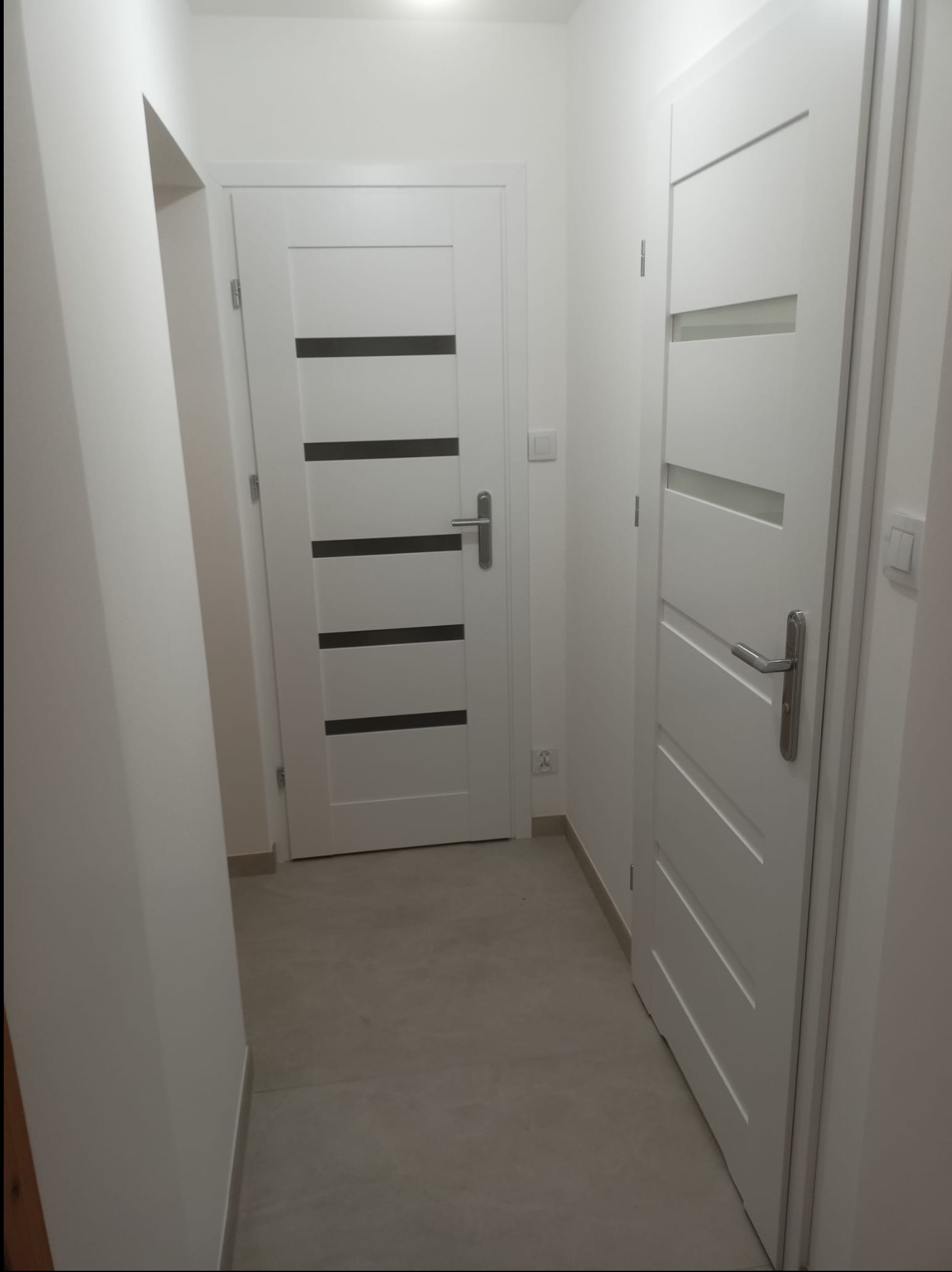 Jasne wnętrze korytarza z dwiema białymi, nowoczesnymi drzwiami z przeszkleniami. Minimalistyczny design, szara podłoga, świeżo po wykończeniu.