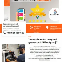 Strona internetowa firmy AG Serwis z ofertą serwisu i montażu urządzeń grzewczych i klimatyzacji. Widoczny fragment strony z oceną 4.9 i danymi kontaktowymi.