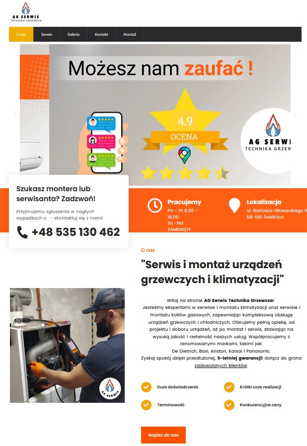 Strona internetowa firmy AG Serwis z ofertą serwisu i montażu urządzeń grzewczych i klimatyzacji. Widoczny fragment strony z oceną 4.9 i danymi kontaktowymi.