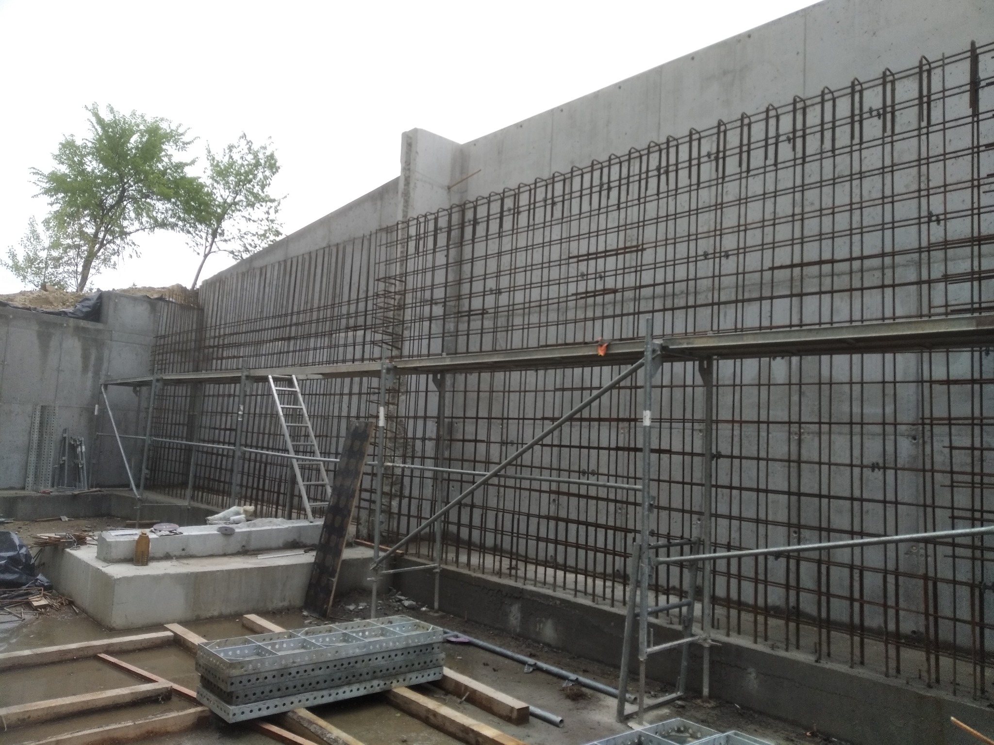 Zbrojenie ściany fundamentowej domu z betonu, widoczne rusztowania i elementy szalunkowe. W tle drzewo i fragment konstrukcji.