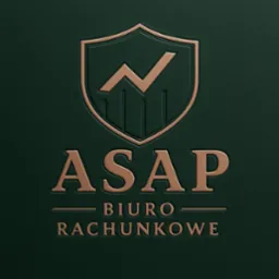 Eleganckie logo 'ASAP Biuro Rachunkowe' w kolorze złota na ciemnozielonym tle. Symbol tarczy z wykresem wzrostu. Minimalistyczny design.