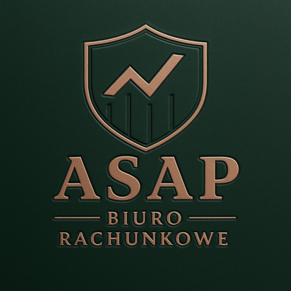 Eleganckie logo 'ASAP Biuro Rachunkowe' w kolorze złota na ciemnozielonym tle. Symbol tarczy z wykresem wzrostu. Minimalistyczny design.