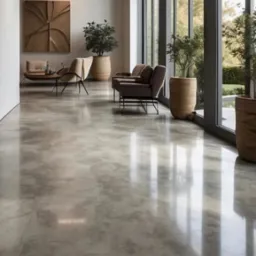 Eleganckie wnętrze z połyskującą, szarą posadzką imitującą kamień. Duże okna wpuszczają światło, odbijające się w gładkiej powierzchni podłogi. W tle meble i dekoracje.
