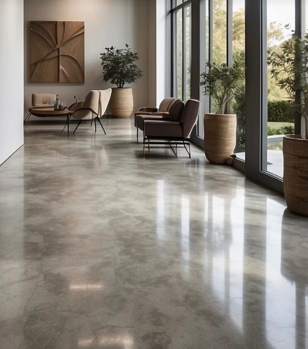 Eleganckie wnętrze z połyskującą, szarą posadzką imitującą kamień. Duże okna wpuszczają światło, odbijające się w gładkiej powierzchni podłogi. W tle meble i dekoracje.