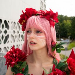 Jakub Sak - Portret kobiety z różowymi włosami, wiankiem z czerwonych kwiatów i białym makijażem na twarzy, na tle nowoczesnego budynku i zieleni.