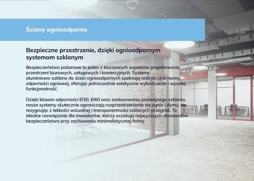 System ścian ognioodpornych ze szkła i aluminium w przestrzeni biurowej. Minimalistyczny design, wysoka funkcjonalność i bezpieczeństwo pożarowe.