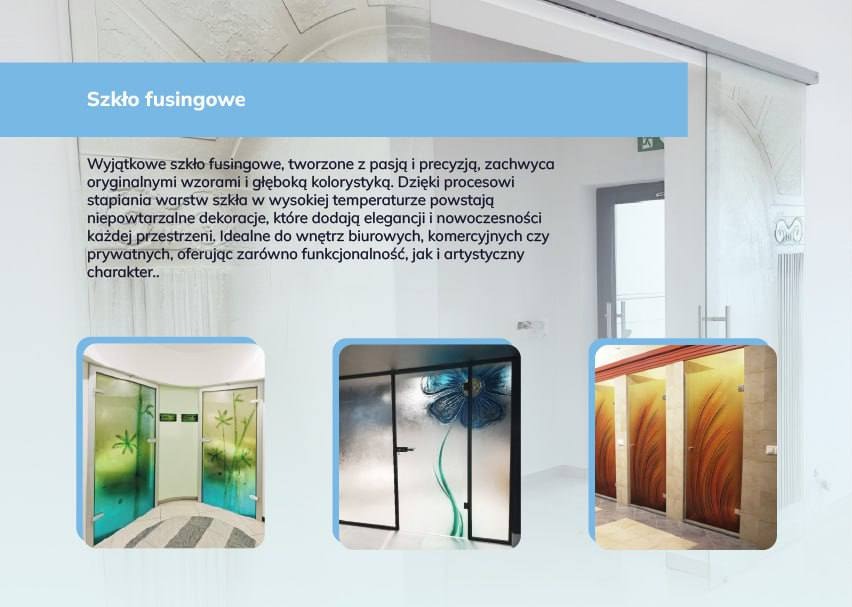 Grafika prezentująca szkło fusingowe z unikalnymi wzorami, idealne do nowoczesnych wnętrz. Dekoracyjne panele szklane z motywami roślinnymi i abstrakcyjnymi.