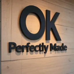 Czarny napis 'OK Perfectly Made' na drewnianej ścianie z wyraźnymi słojami, oświetlony z boku, tworzący subtelne cienie, podkreślające trójwymiarowość liter.