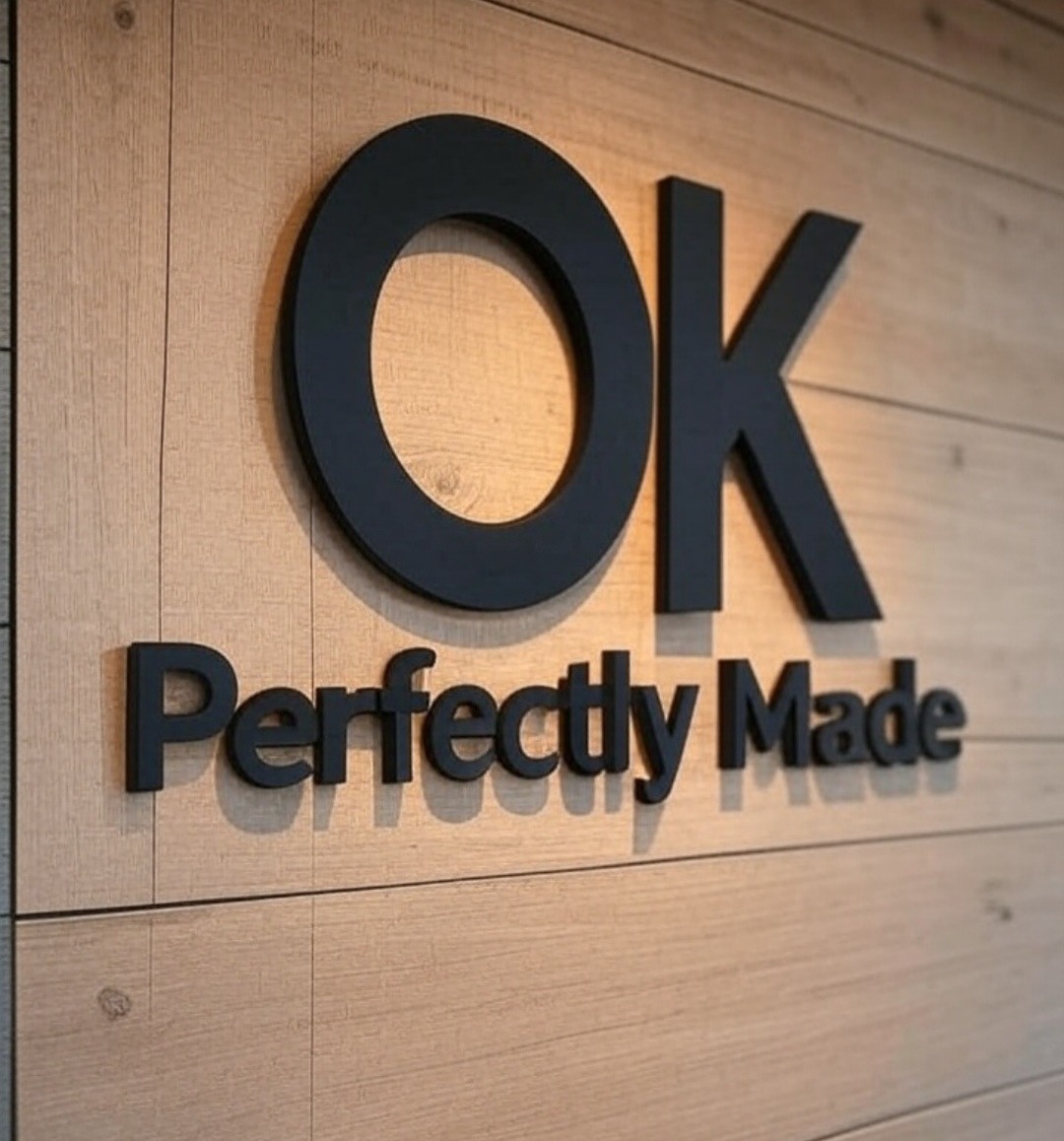 Czarny napis 'OK Perfectly Made' na drewnianej ścianie z wyraźnymi słojami, oświetlony z boku, tworzący subtelne cienie, podkreślające trójwymiarowość liter.