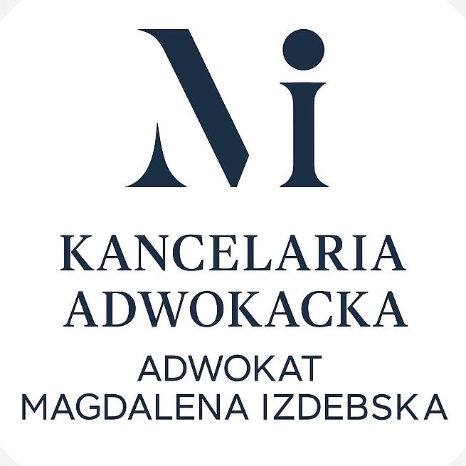 Logo Kancelarii Adwokackiej Adwokat Magdaleny Izdebskiej w kolorze granatowym na białym tle, z inicjałami 'Mi' w górnej części.