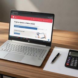 Bilans Anna Kossowska - Laptop z otwartą stroną KSeF, kalkulator i długopis na biurku. Narzędzia pracy związane z Krajowym Systemem e-Faktur w biurze rachunkowym.