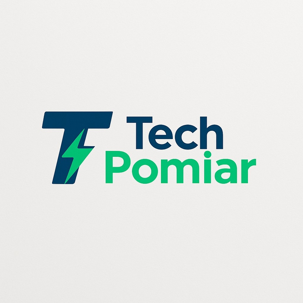 Logo firmy Tech Pomiar: litera T z symbolem błyskawicy, obok napis Tech Pomiar w kolorach niebieskim i zielonym na jasnym tle. Minimalistyczny design.