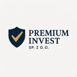Logo firmy Premium Invest Sp. z o.o. z granatową tarczą, złotym symbolem akceptacji i granatowym napisem na jasnym tle.