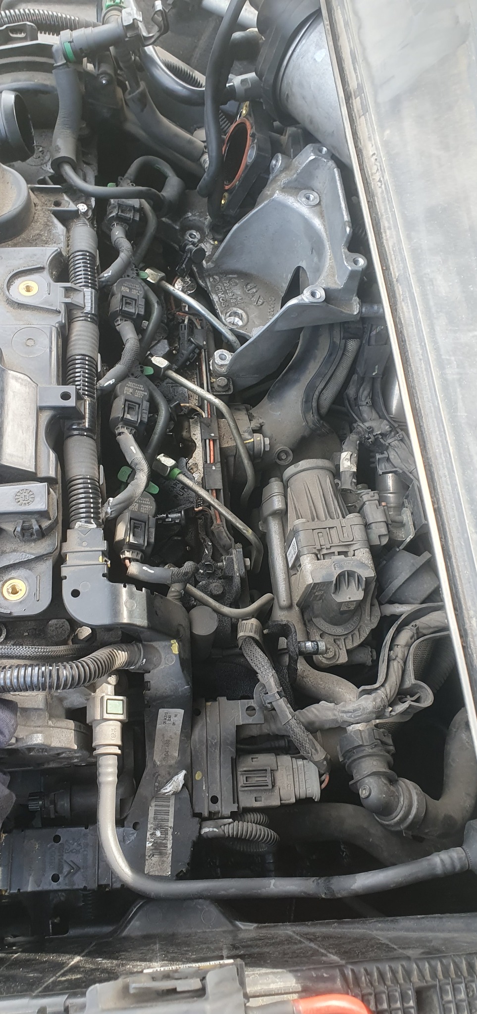 Widok z góry na skomplikowany silnik samochodowy z licznymi przewodami, elementami metalowymi i plastikowymi, sugerujący etap naprawy lub diagnostyki.