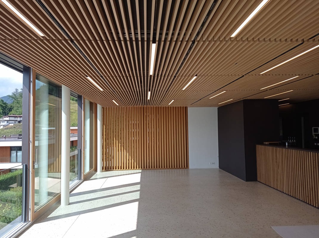 Nowoczesne wnętrze biura z drewnianą lamelową ścianą i sufitem, oświetlone liniowymi lampami LED. Duże okna wpuszczają naturalne światło. Minimalistyczny design.