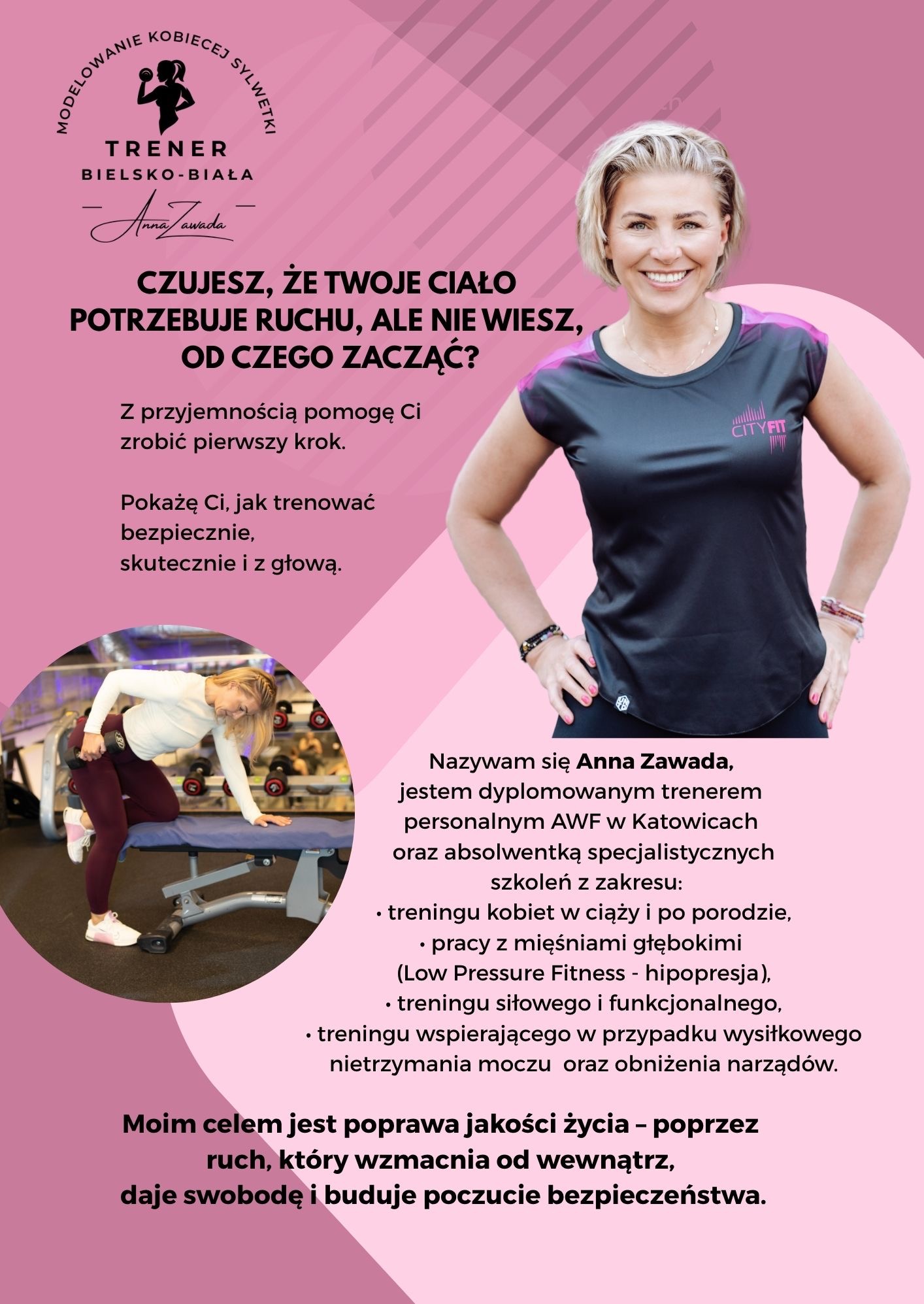 Trener personalny Anna Zawada: uśmiechnięta kobieta na tle różowego graficznego projektu, prezentująca ofertę treningową i dbałość o formę.