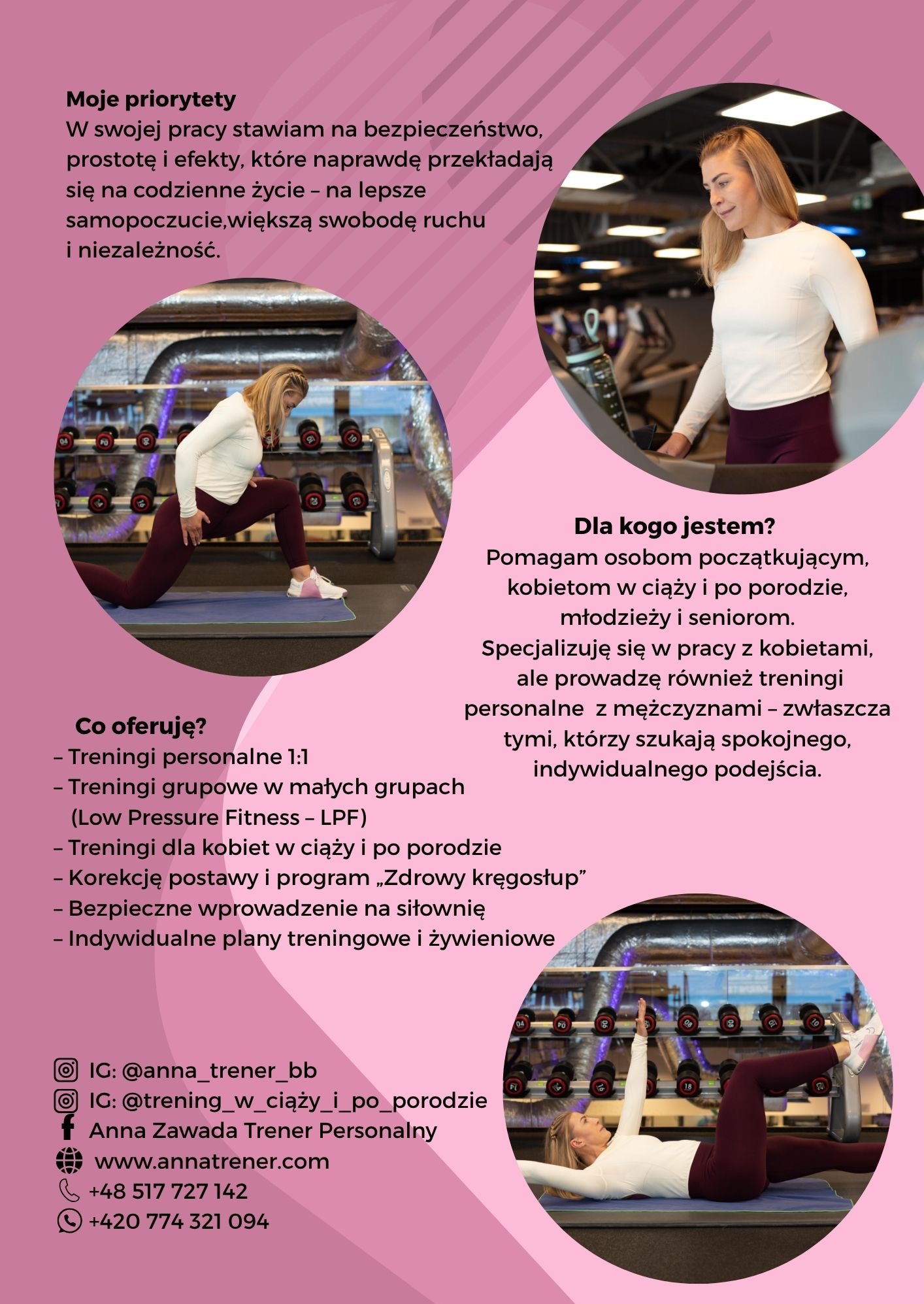 Kobieta wykonuje ćwiczenia na siłowni, prezentacja oferty treningowej z opisem specjalizacji i kontaktami. Trening personalny, ciąża i po porodzie, korekcja postawy.