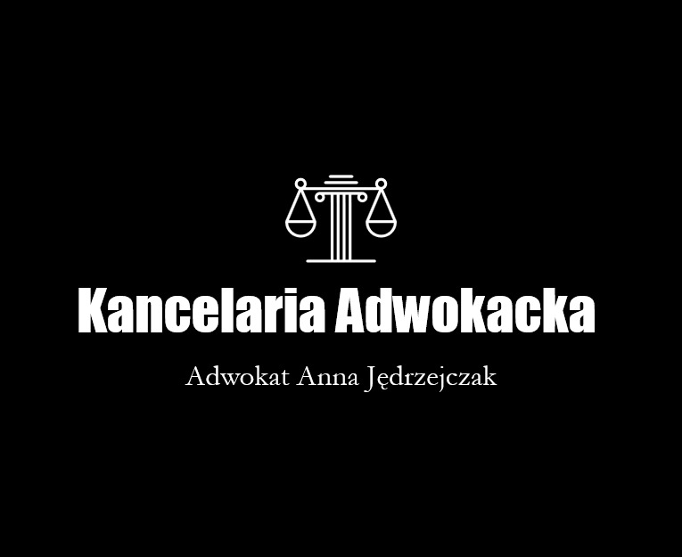 Minimalistyczne logo: białe wagi sprawiedliwości nad nazwą 'Kancelaria Adwokacka' i imieniem 'Adwokat Anna Jędrzejczak' na czarnym tle.