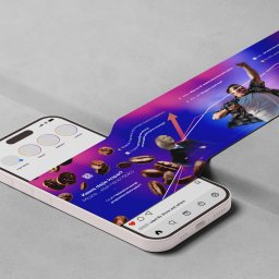 Maciej Arczyński - Grafika na ekranie smartfona prezentująca post z Instagrama o kawie i jej wpływie na energię, z elementami graficznymi i zdjęciami ziaren kawy. Ujęcie z bliska.