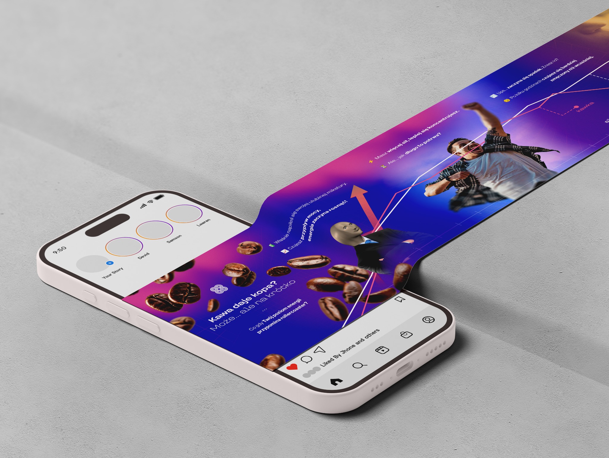Grafika na ekranie smartfona prezentująca post z Instagrama o kawie i jej wpływie na energię, z elementami graficznymi i zdjęciami ziaren kawy. Ujęcie z bliska.