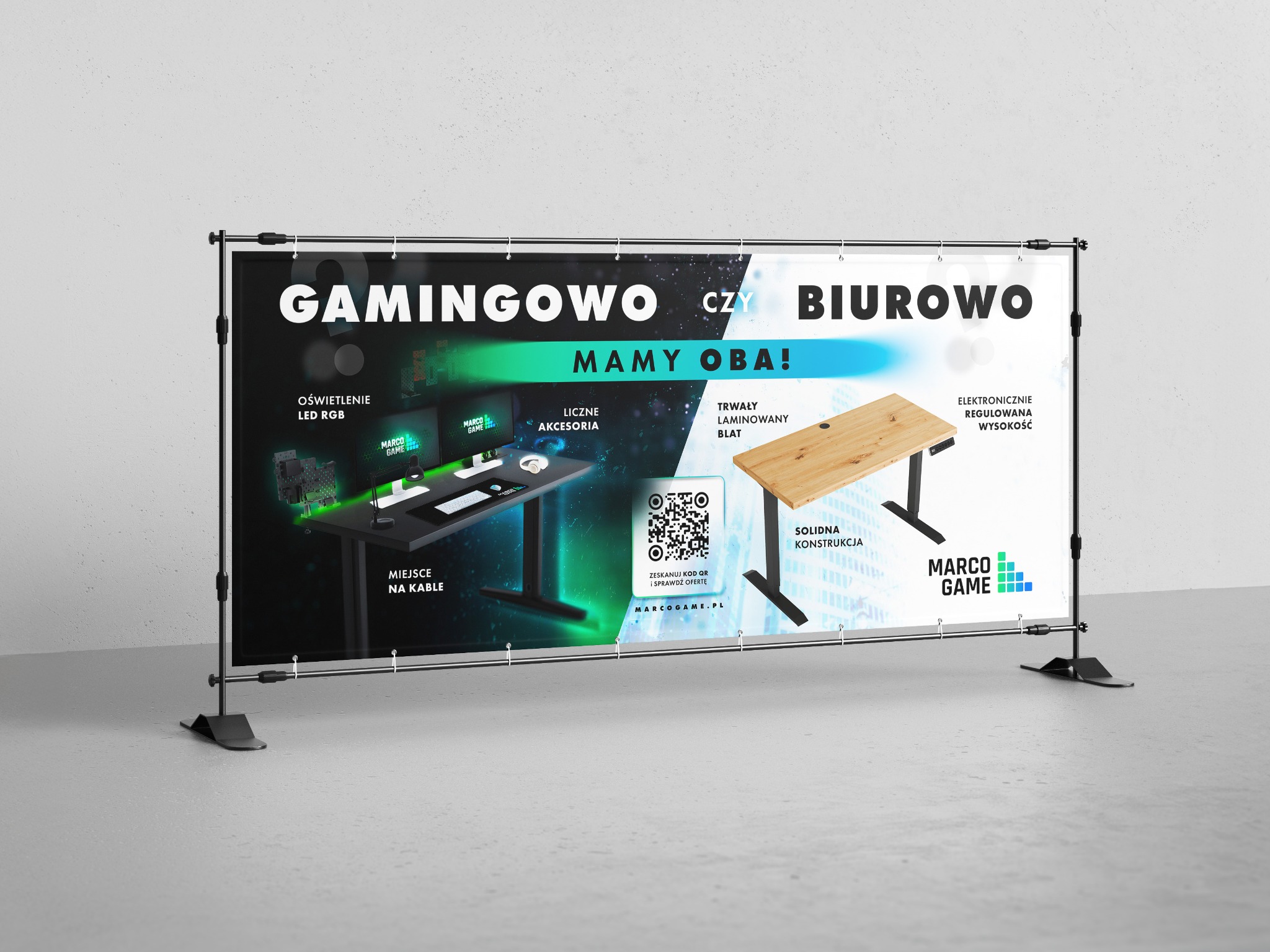 Baner reklamowy z biurkiem gamingowym i biurowym, oświetleniem LED RGB, miejscem na kable, trwałym blatem laminowanym i regulowaną wysokością. Skan QR i logo Marco Game.