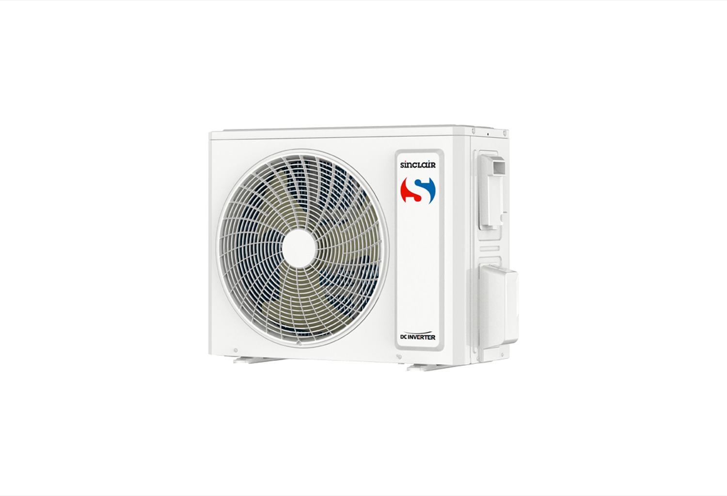 Biała jednostka zewnętrzna klimatyzacji Sinclair DC Inverter na białym tle. Widoczny wentylator i logo firmy. Minimalistyczny design, czyste ujęcie.