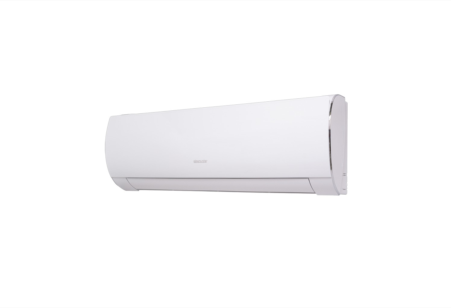 Biała jednostka wewnętrzna klimatyzacji Sinclair na białym tle. Widoczny srebrny akcent na boku urządzenia. Minimalistyczny design.