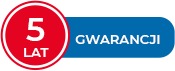 Grafika: Czerwone koło z napisem '5 LAT' połączone z niebieskim prostokątem z napisem 'GWARANCJI'.