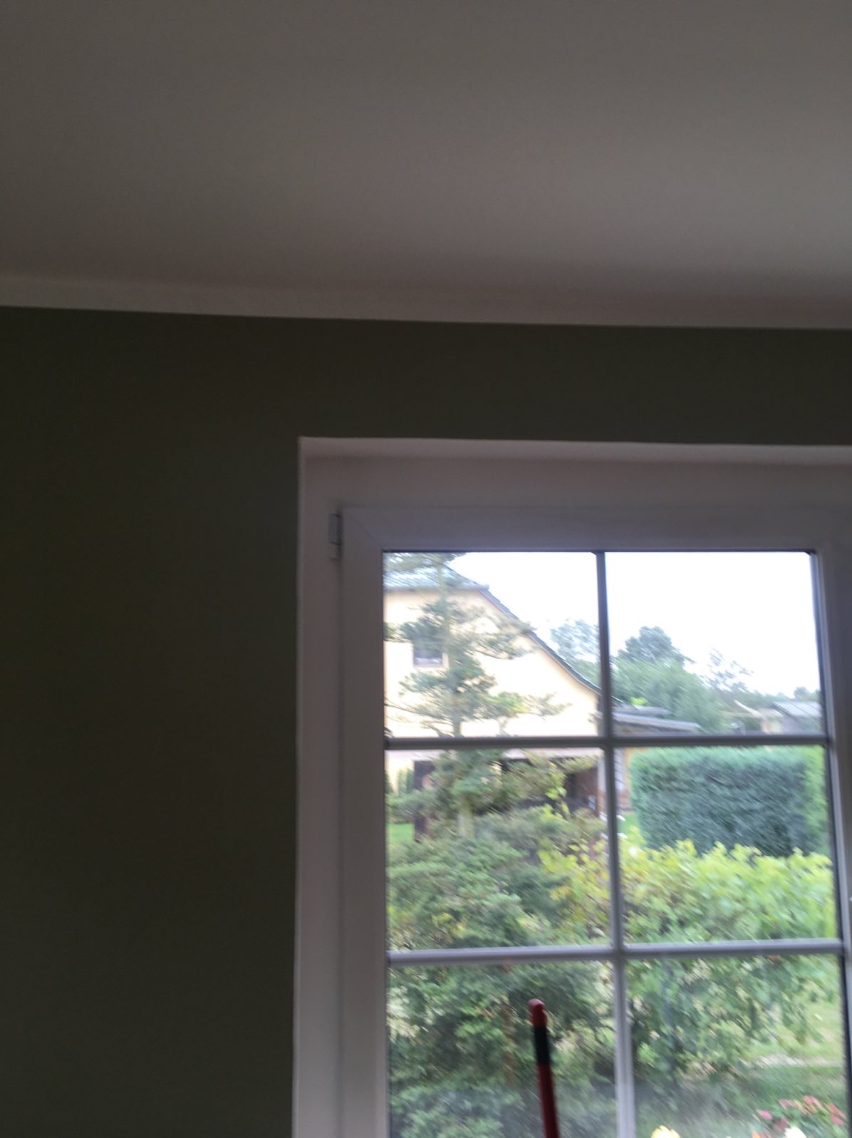 Ściana pomalowana na oliwkowy kolor z białym oknem i widokiem na dom i zieleń. Widoczny fragment wałka malarskiego.