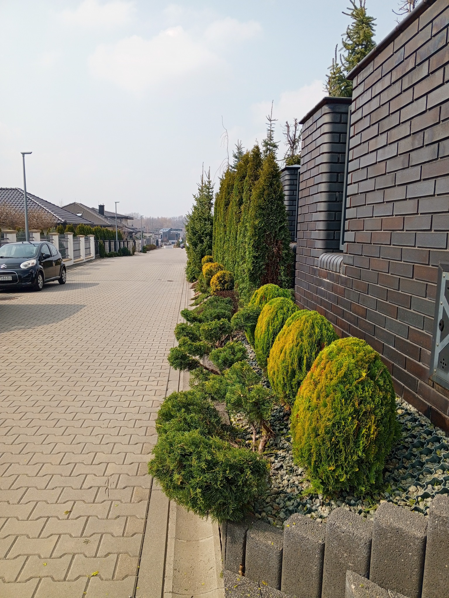 Ogród przydomowy z równo przyciętymi krzewami i tujami, ozdobiony kamieniami. W tle mur z cegły i chodnik z kostki brukowej. Widok na ulicę osiedla.