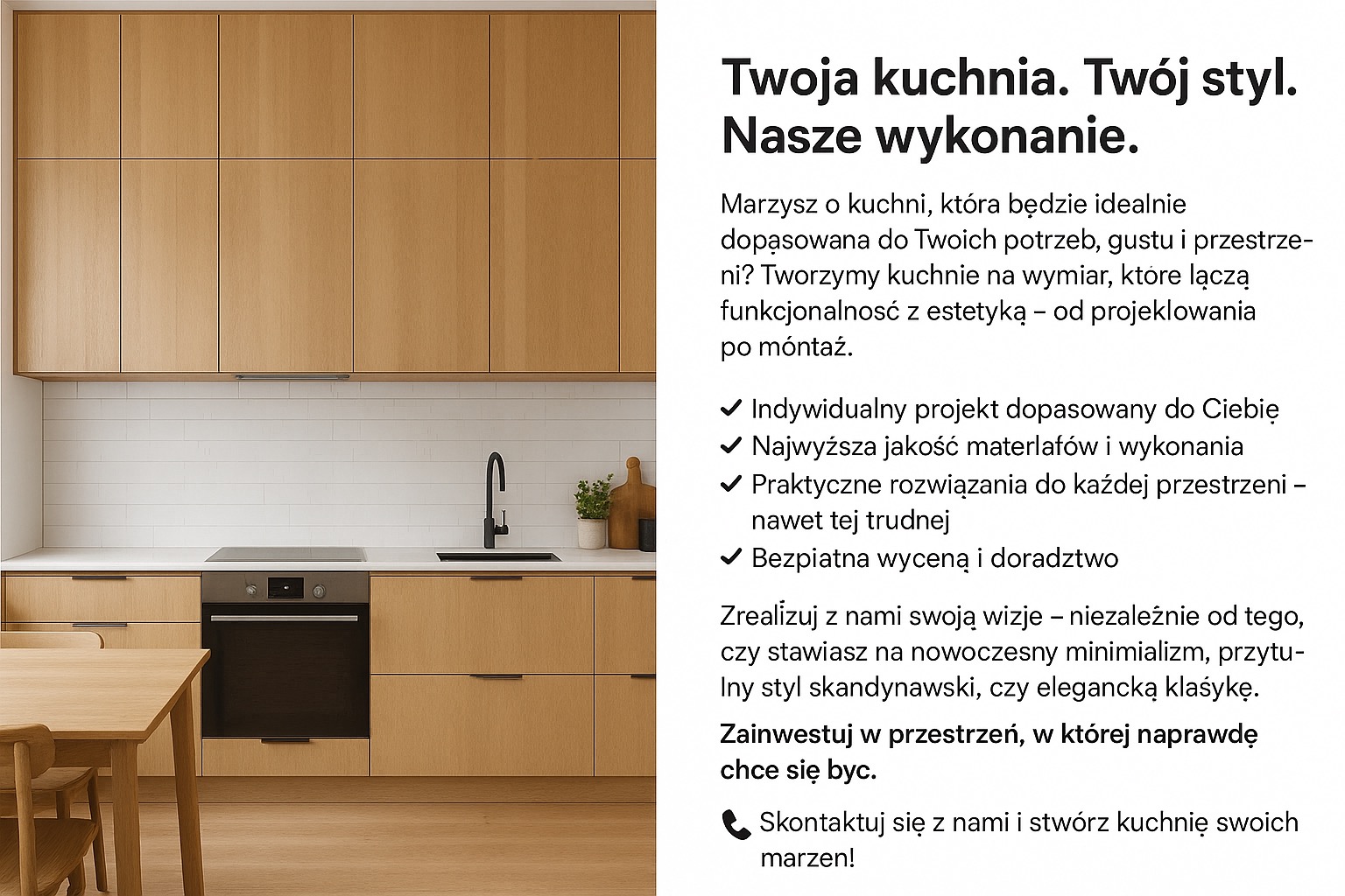 Jasna, minimalistyczna kuchnia z drewnianymi frontami, czarną armaturą i białymi kafelkami. Ujęcie z jadalnią, podkreśla funkcjonalność i nowoczesny design.