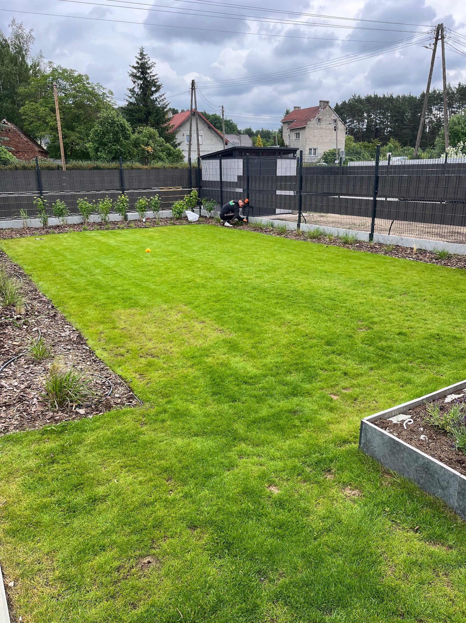 Zadbany trawnik z rabatami, obrzeżami z kory i metalowymi donicami. Osoba w oddali pielęgnuje rośliny. Estetyczny ogród w nowoczesnym stylu.