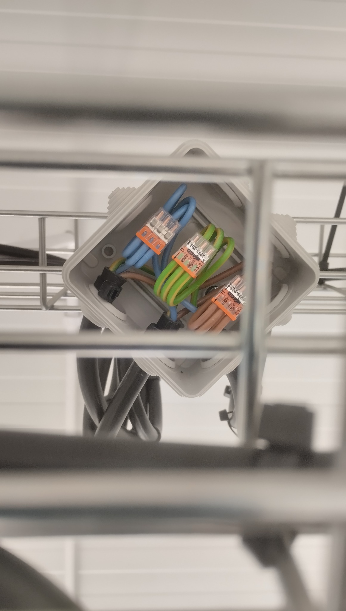 Szara puszka elektryczna z połączonymi przewodami (niebieski, zielono-żółty, brązowy) za pomocą złączek Wago, widoczna przez metalową kratkę.