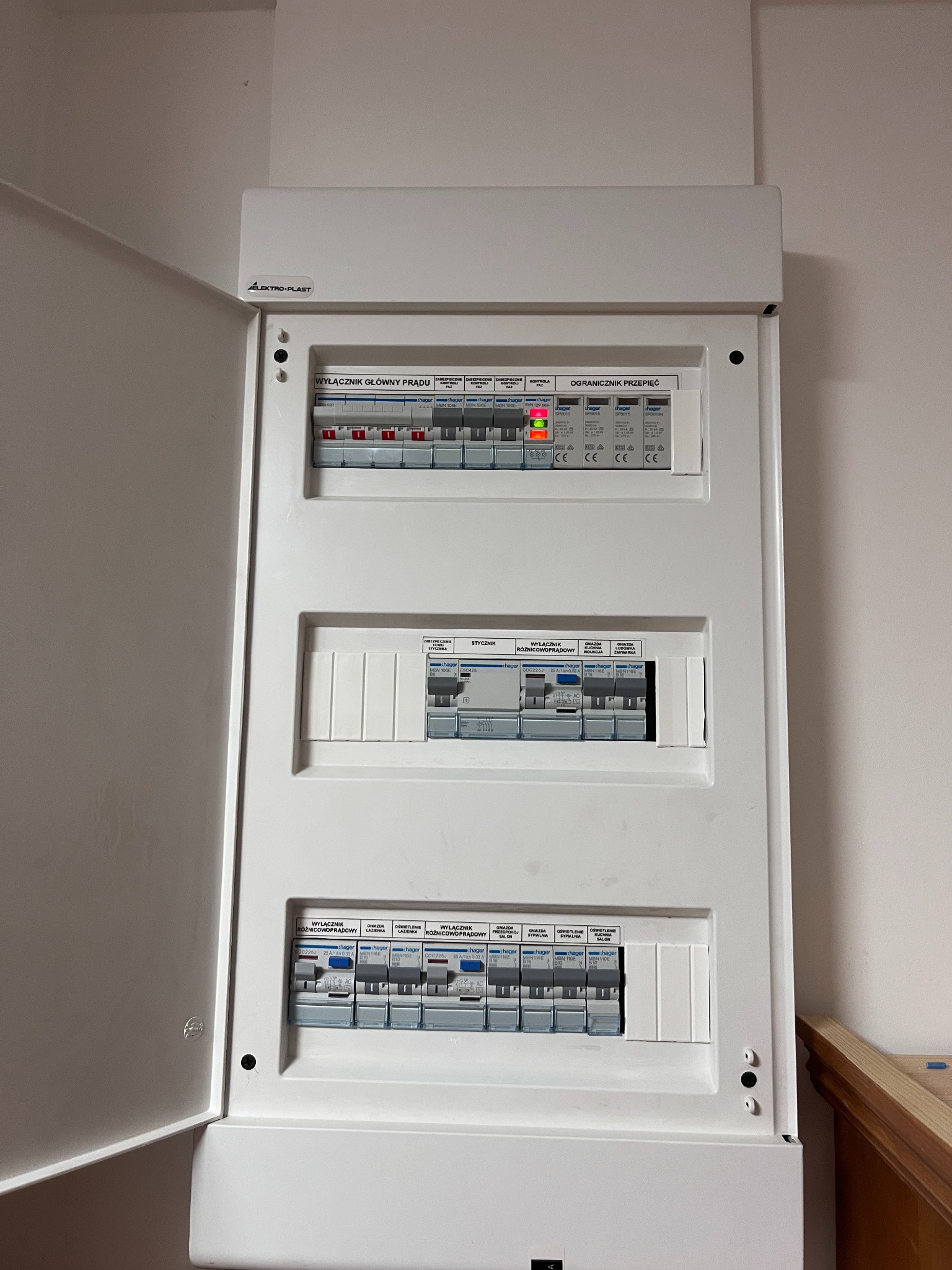 Rozdzielnica elektryczna Hager po montażu w Jordanowie. Widoczne wyłączniki główne prądu, ograniczniki przepięć i wyłączniki różnicowoprądowe. Otwarta obudowa.