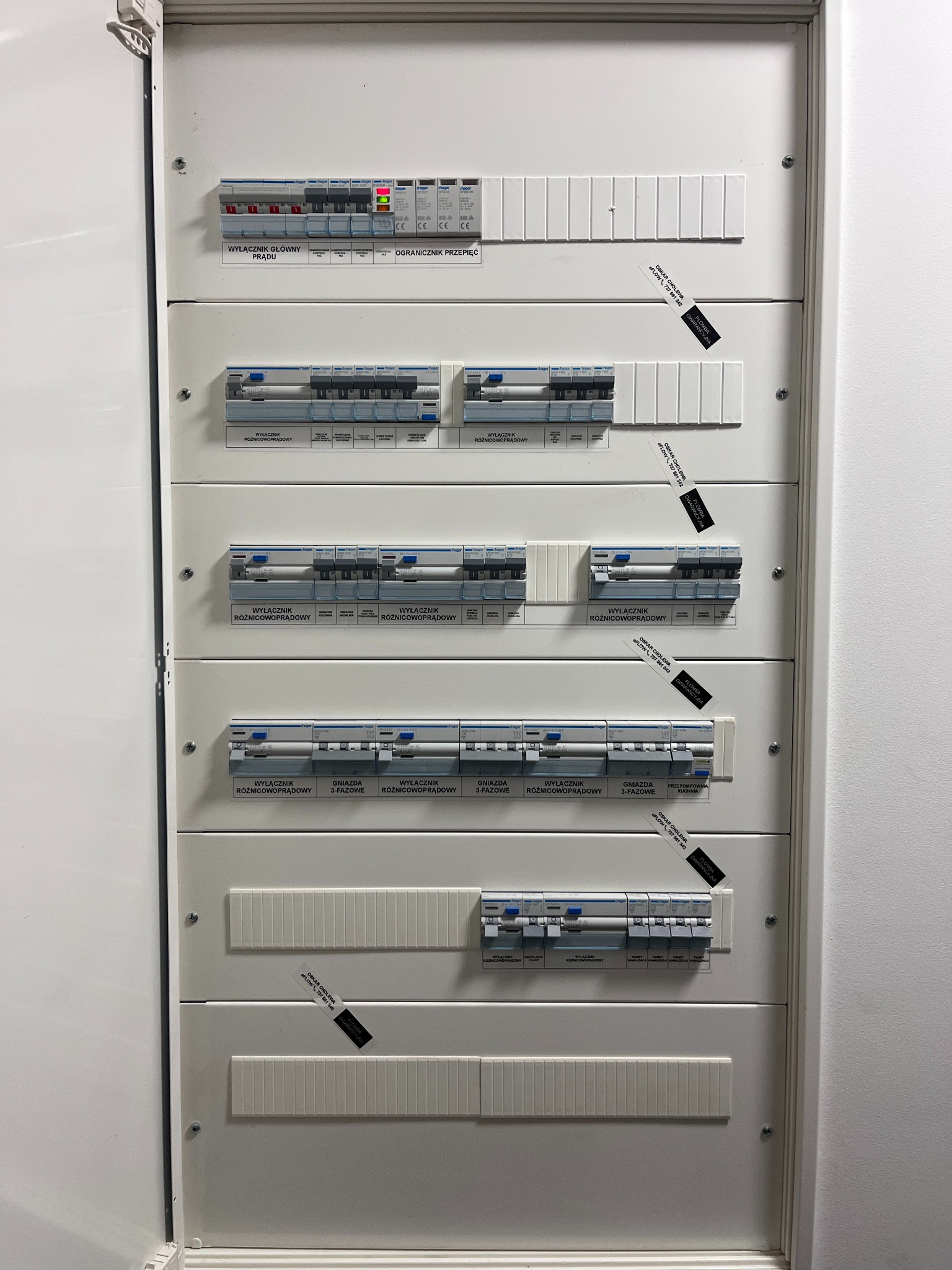 Rozdzielnica elektryczna z wyłącznikami różnicowoprądowymi i głównym, zabezpieczeniami przepięciowymi. Widoczne plomby gwarancyjne i oznaczenia obwodów.