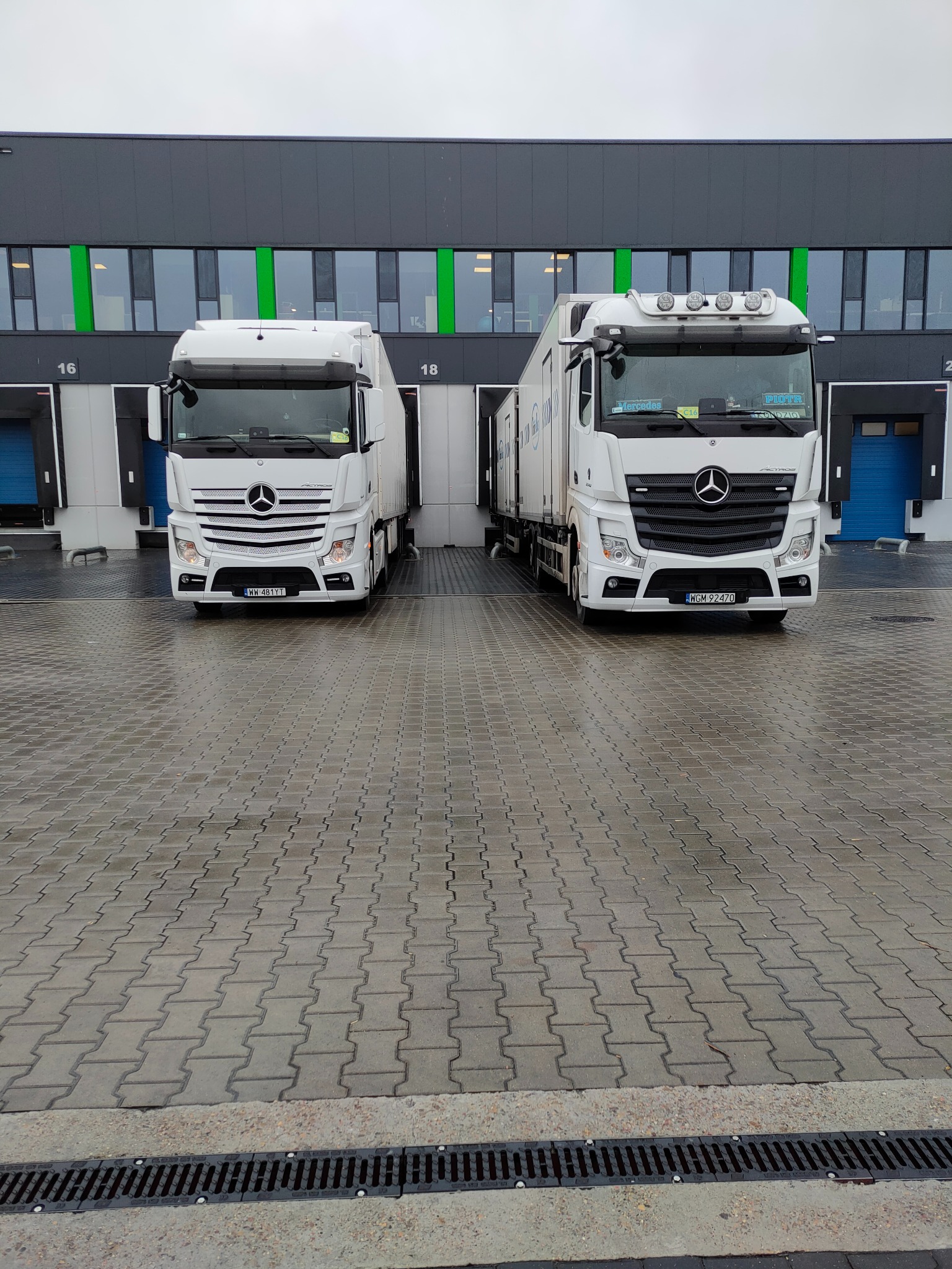 Dwa białe busy Mercedes-Benz Actros stojące przed rampami magazynowymi z numerami 16, 18 i 20. Mokra kostka brukowa na pierwszym planie.