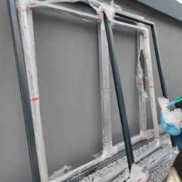 Nowe ramy okienne PCV w folii ochronnej, przygotowane do montażu w Zabrzu. Szare ramy opierają się o ścianę, widoczne elementy montażowe.